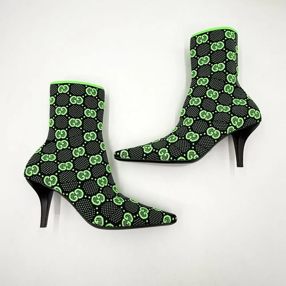 Gucci GG Sock Boot Green Black Heels Bootie Eu 39 US 9 - Picture 6 of 10